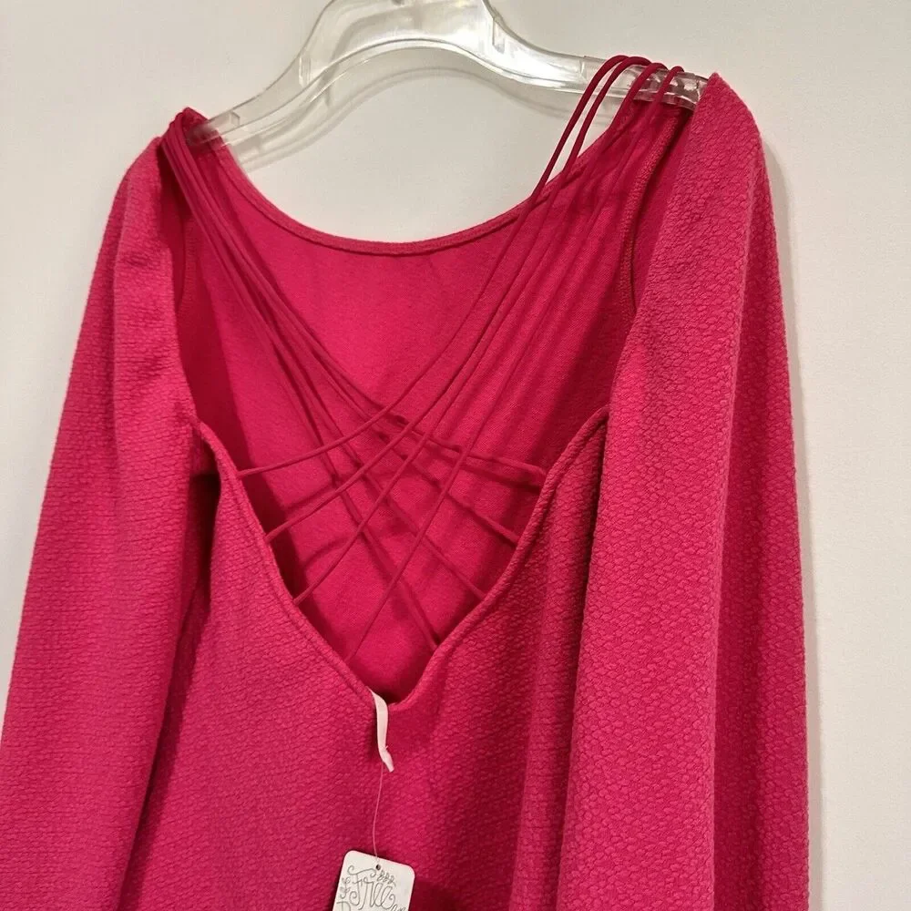 Free People Strappy‎ Back Textured Top S Pink Long Sleeve Criss Cross Trendy NEW